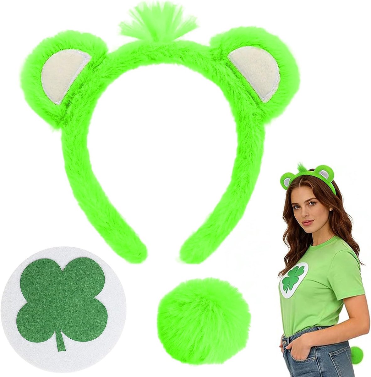 3 stuks accessoires voor berenkostuum, haarband met berenoren met staart en sticker, dierenkostuum voor carnaval, Halloween, themafeesten