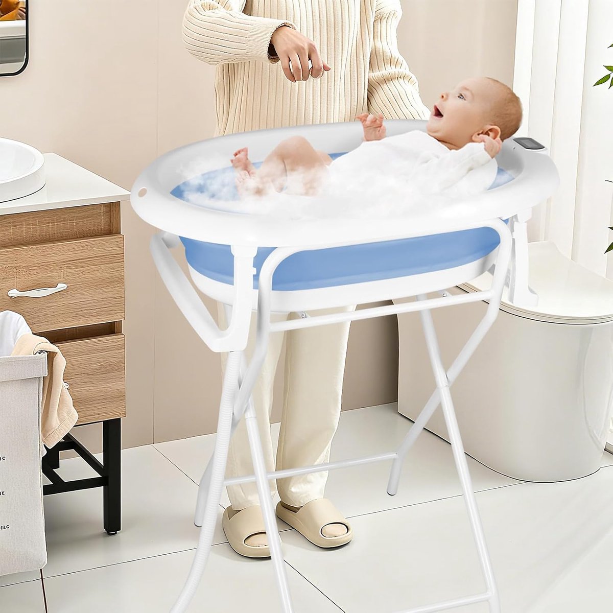 Babybad op standaard, groot bad Xxl met houder/zitting en drainageset, babybadje vanaf de geboorte tot 3 jaar, cadeau voor baby's (stijl 1), 85 x 47 x 85 cm, blauw