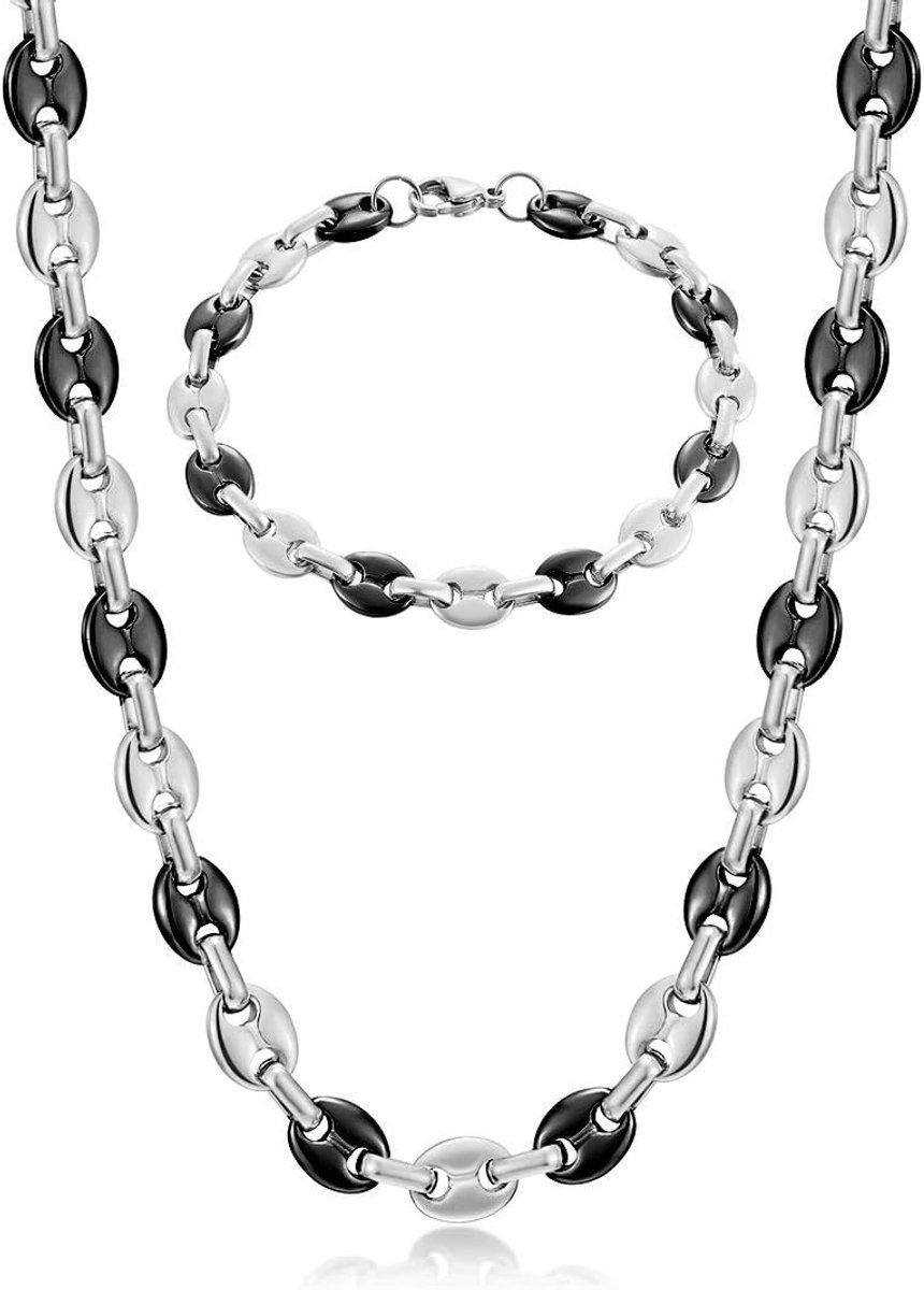 Ketting voor heren, halsketting en armband van roestvrij staal, 6 mm, 9 mm, 11 mm, zilver/goud/zwart, Roestvrij staal, Geen edelsteen