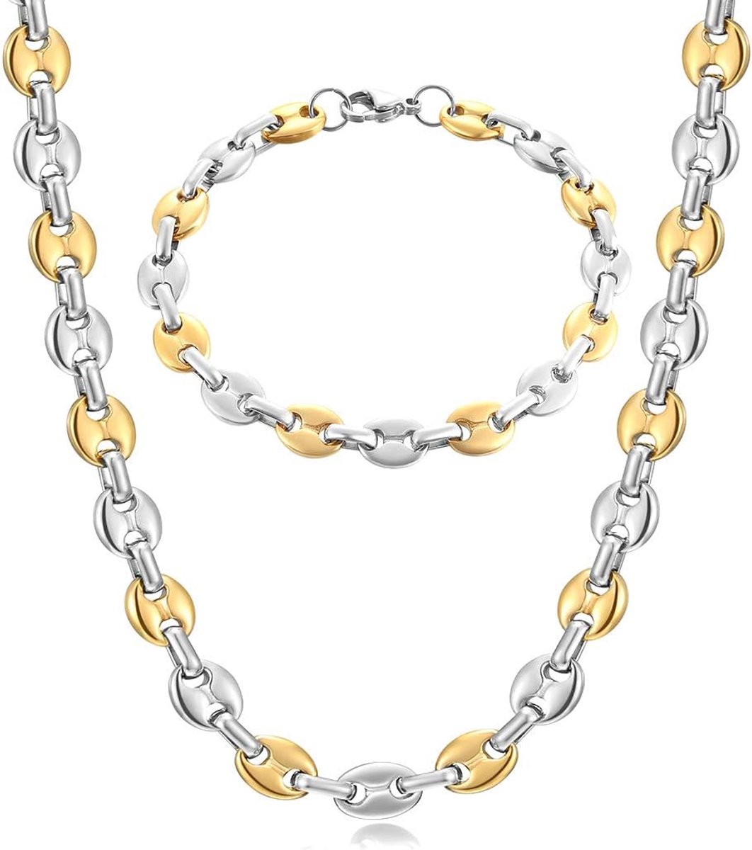 Ketting voor heren, halsketting en armband van roestvrij staal, 6 mm, 9 mm, 11 mm, zilver/goud/zwart, Roestvrij staal, Geen edelsteen
