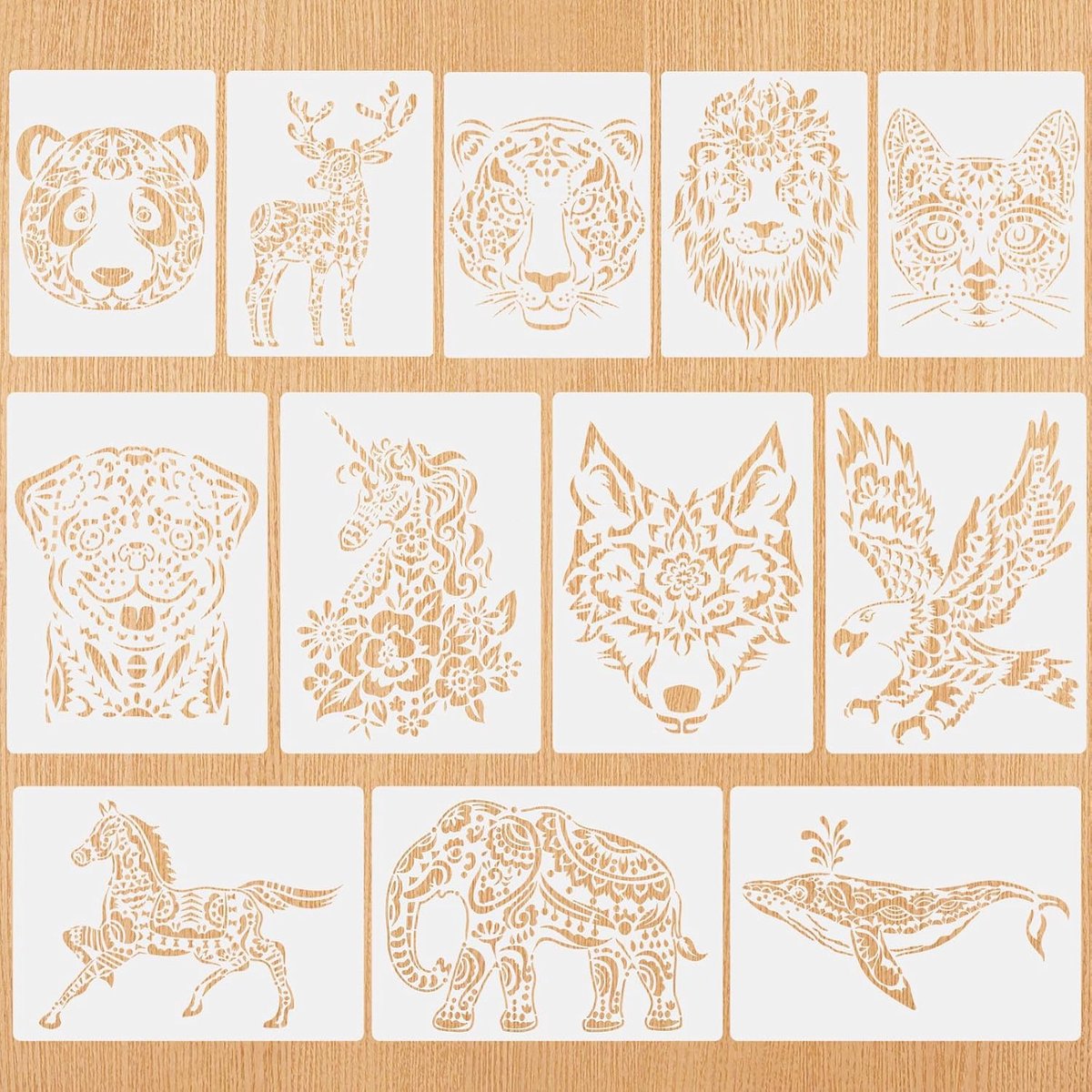Schablonen dieren 12 stuks - 29 x 21 cm - herbruikbaar plastic - creatief schilderen voor kinderen - ShopVlot