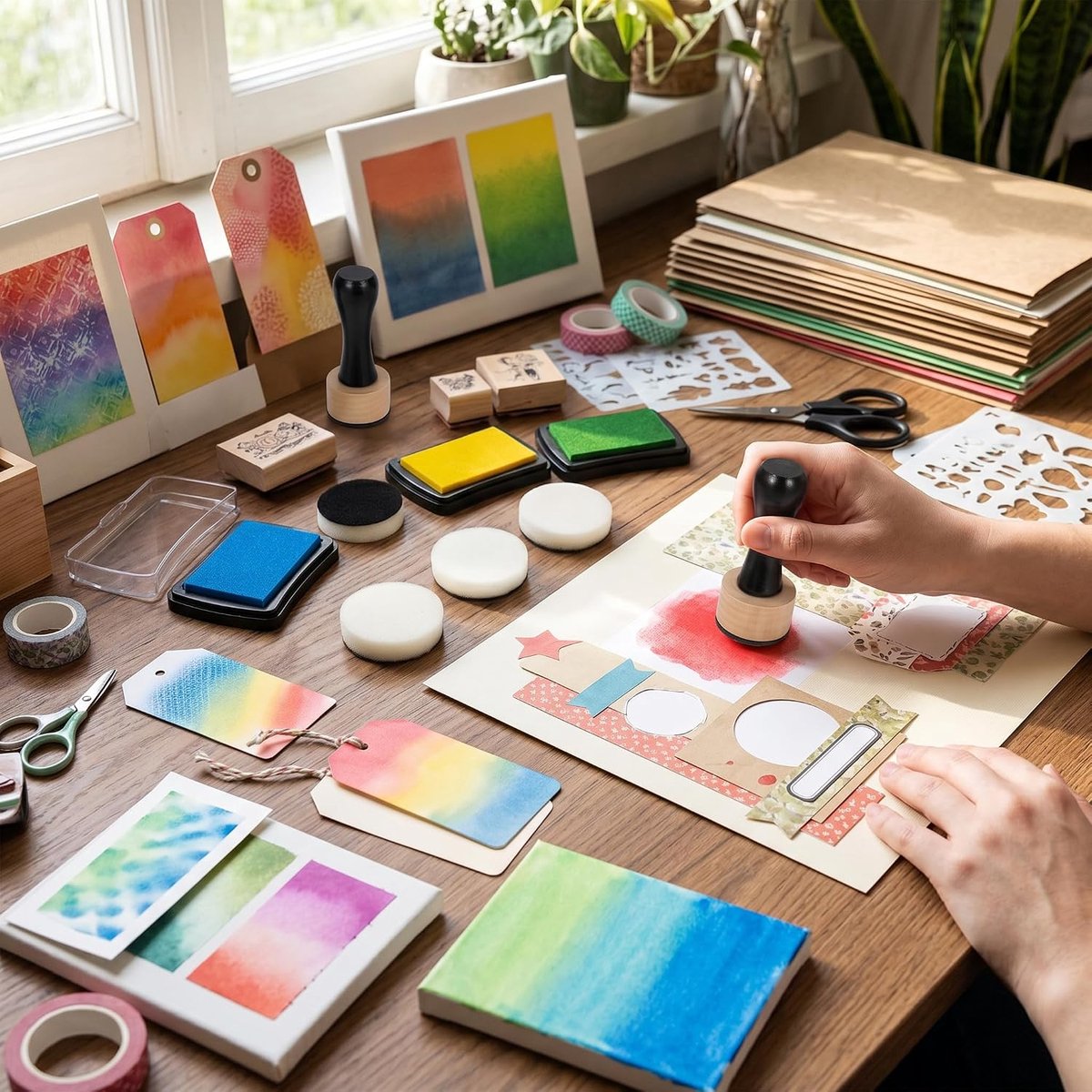Inktmengtool set - ronde applicator met 2 handvatten - 4 spons applicators - ideaal voor papierkunst - ShopVlot