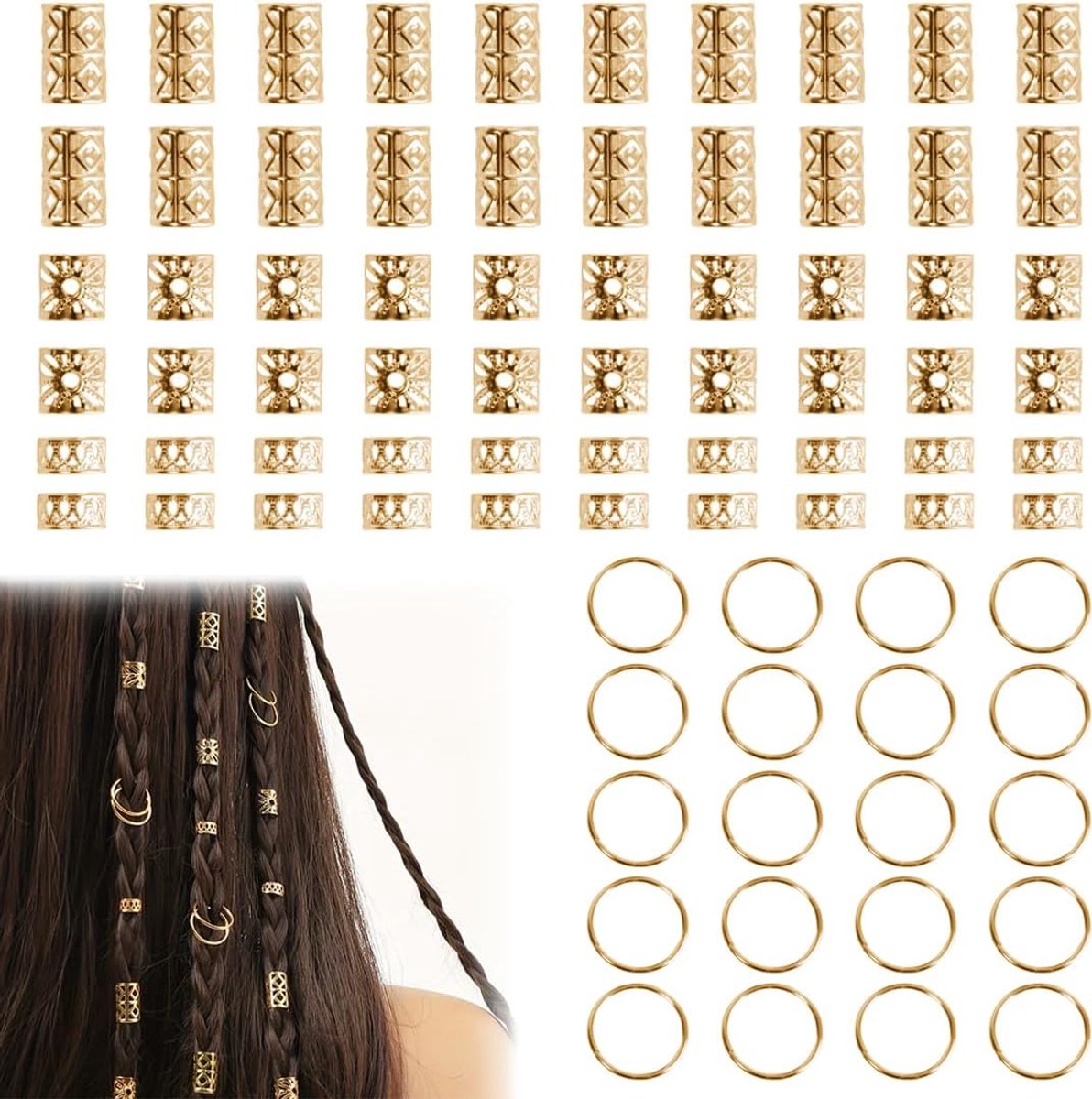Haaraccessoires set 80 stuks - Gouden ringen voor vlechten - Unieke haarstijl voor festivals - ShopVlot