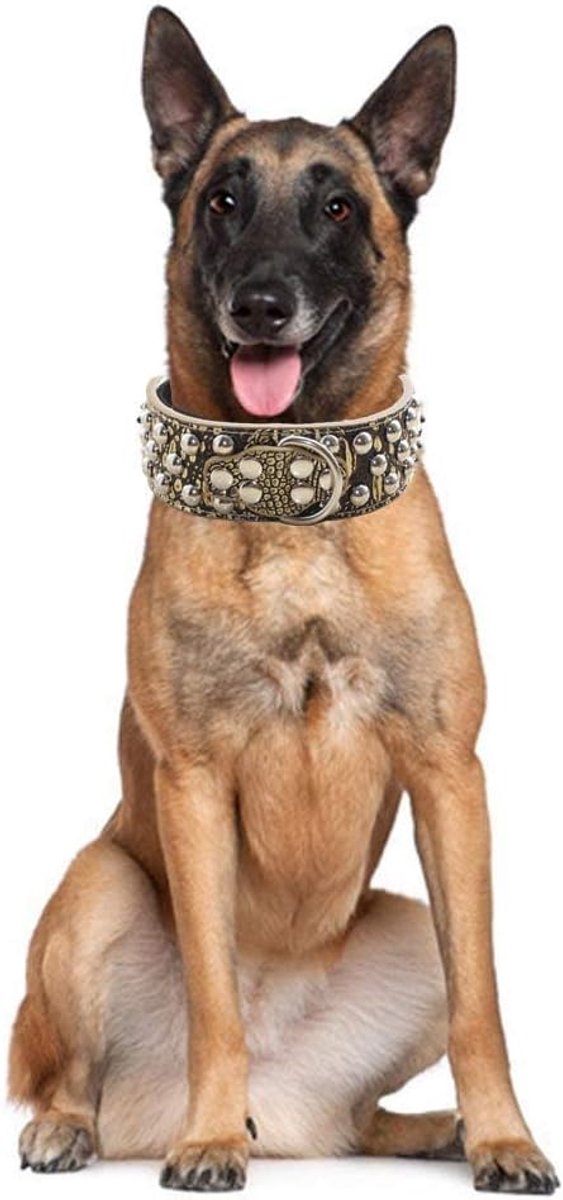Hondhalsband 2 inch breed - faux leren met zilveren studs - verstelbaar voor middelgrote/grote honden - ShopVlot