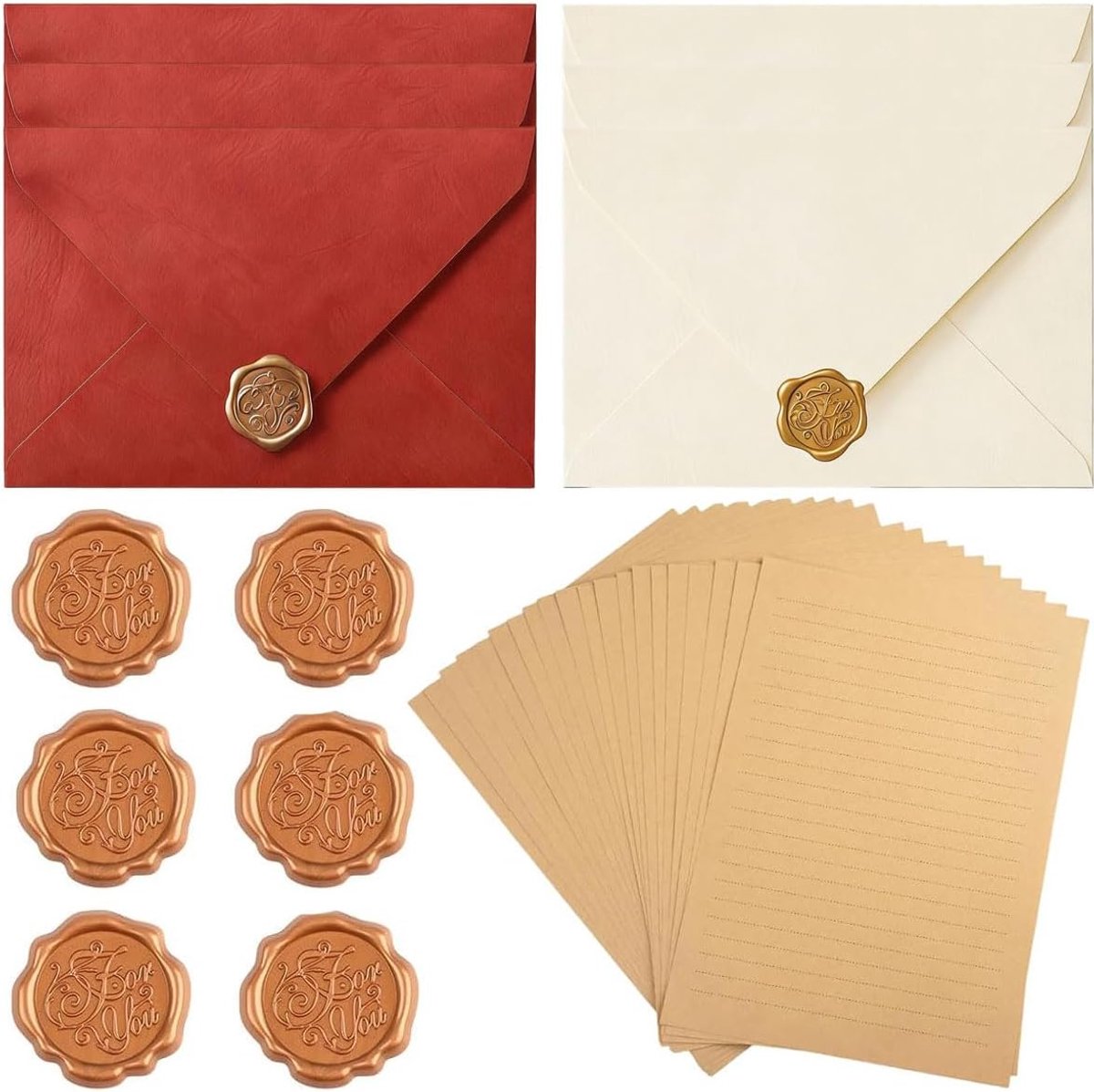 Vintage briefpapier set - 32 stuks - 20 A5 vellen en 6 kraft enveloppen - Perfect voor brieven en uitnodigingen - ShopVlot