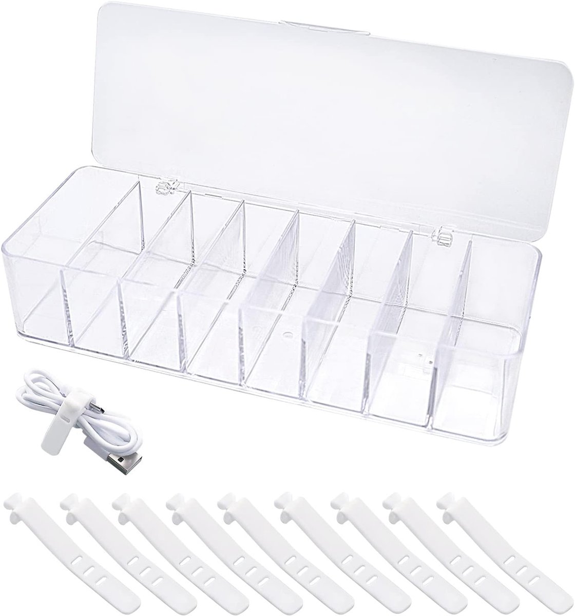 Opbergdoos met 10 kabelbinders - 8 compartimenten - transparant plastic - ideaal voor kabels en opladers - ShopVlot