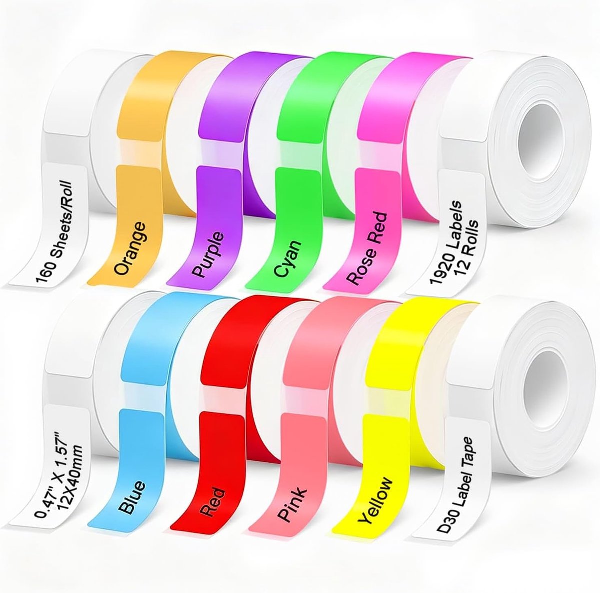 Label tape 12 mm x 40 mm - gekleurde zelfklevende etiketten - waterdicht en krasbestendig - ideaal voor D30 printers - ShopVlot