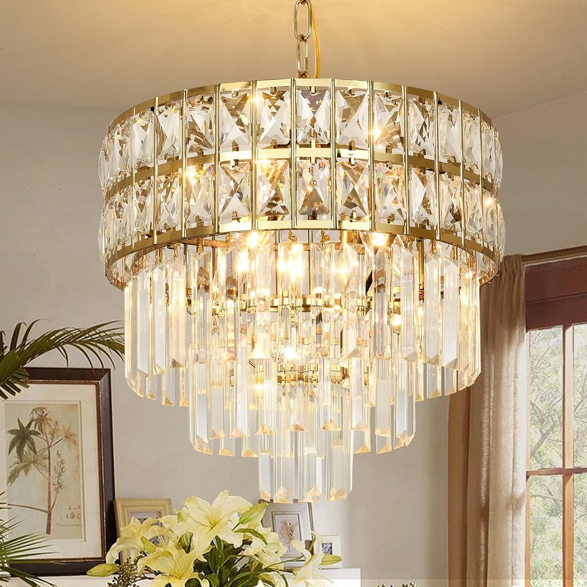 Kroonluchter goud 40cm - rond kristal ontwerp - 4 fitting - ideaal voor eetkamer - ShopVlot