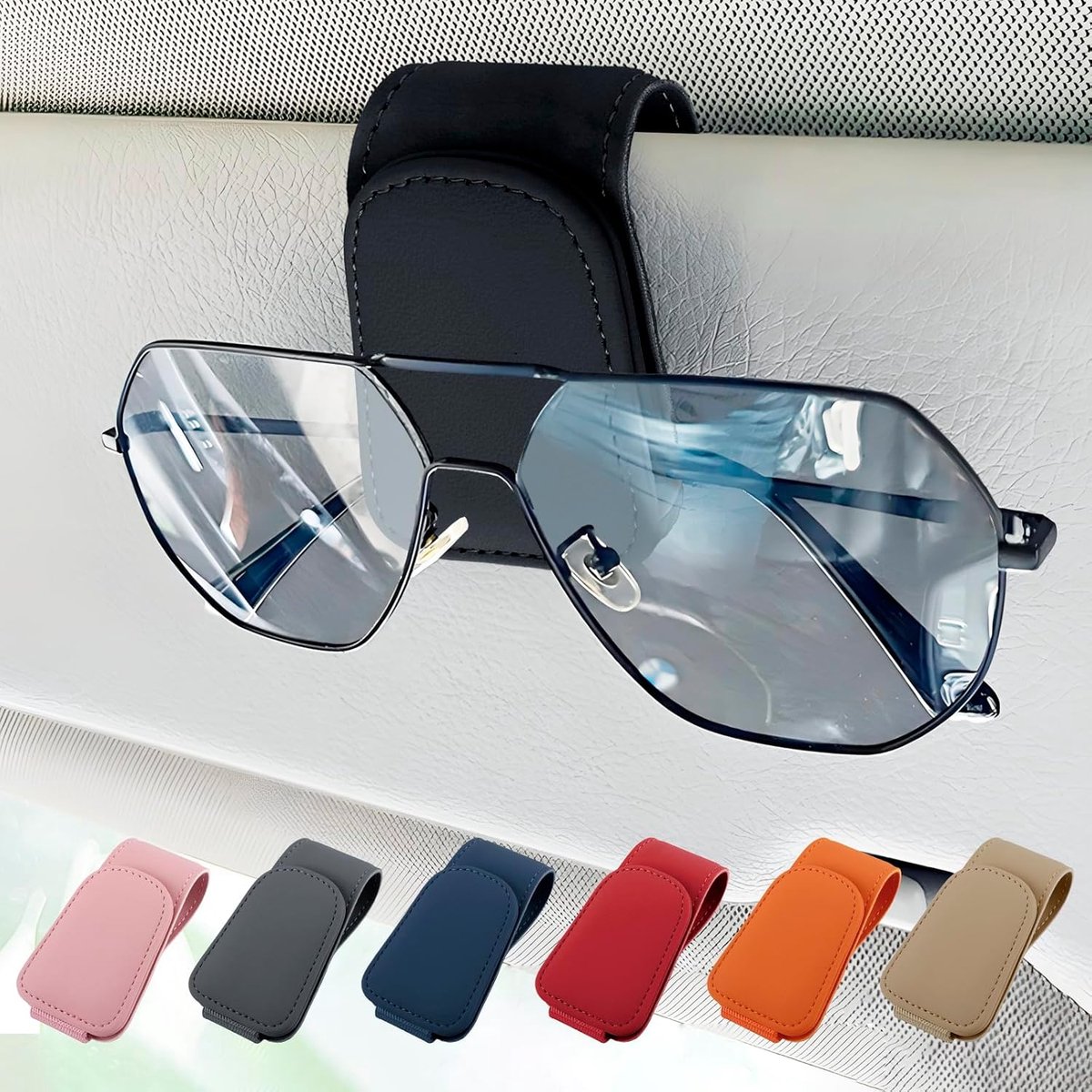 Zonnebrilhouder autozonneklep - magnetisch leer - brillenhanger met kaartclip - makkelijk opbergen - ShopVlot