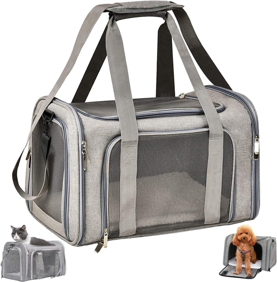 Hondentransportbox – Draagtas voor huisdieren – Transporttas voor katten en honden – Kattendraagtas en kattendrager – Draagbare hondendraagtas – Draagbox voor katten en honden, voor twee kleine huisdieren – 51 × 33 × 34 cm – Grijs