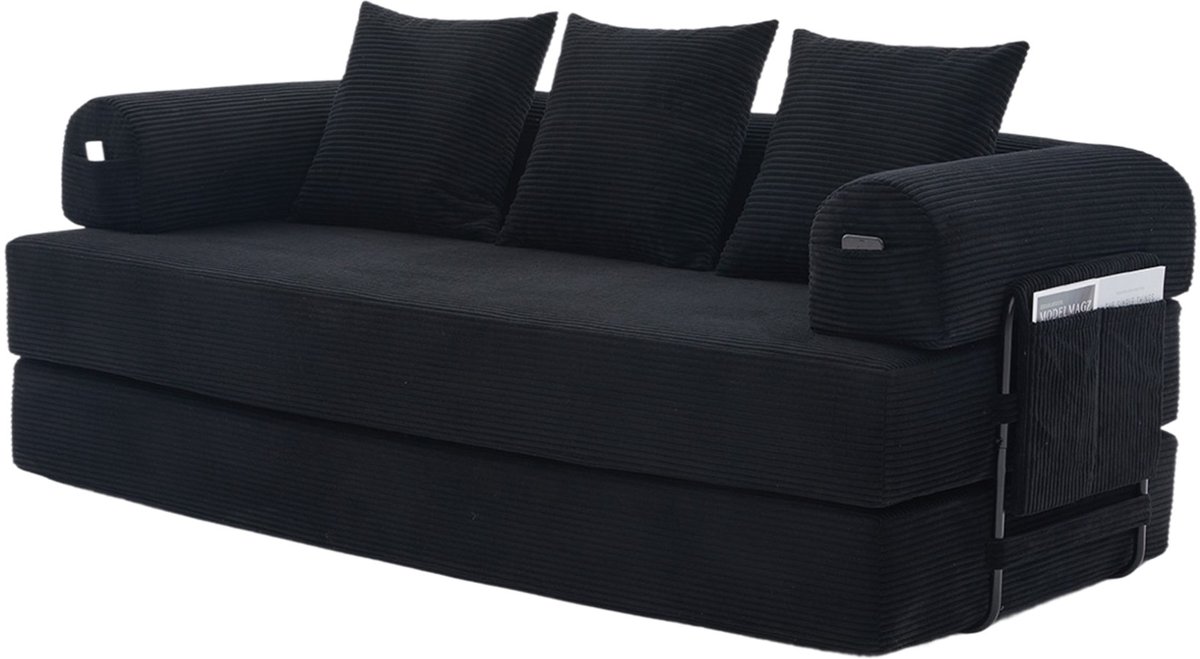 OKWISH Slaapbank 3-Zits - Modulair Opvouwbaar Met Slaapfunctie - Met Opbergtas En 3 Kussens Voor Woonkamer Of Studio - Corduroy - Zwart