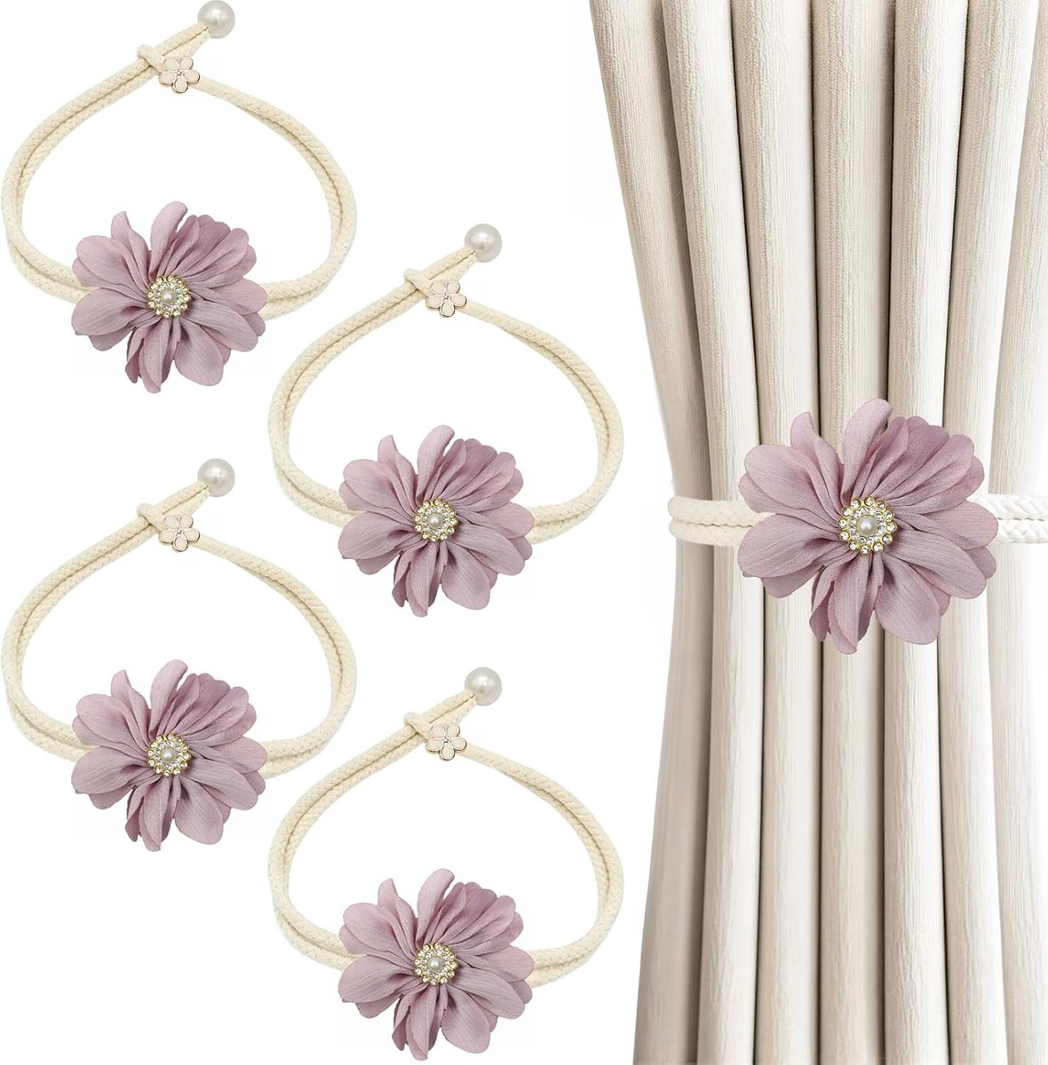 Gordijnbinders 4 stuks - Roze bloemen - Verstelbare gordijnhouders - Elegant voor woonkamer - ShopVlot
