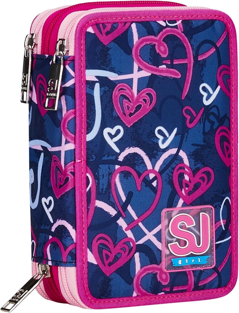 Pennenzak met 3 ritsen - Violet Doodle Hart - Drievoudige pennenhouder - Inclusief schrijfgerei - SnelShoppen