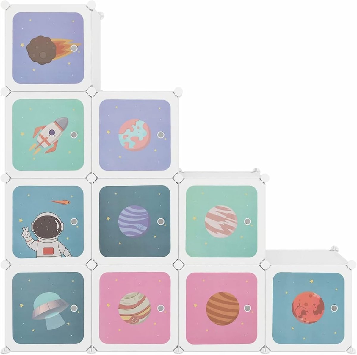 Kinderkast, kubusrek, modulaire kubuskast, kunststof kast, kinderrek, 124,5 x 31,5 x 123,5 cm (l x b x h) met 10 dobbelstenen, wit PP