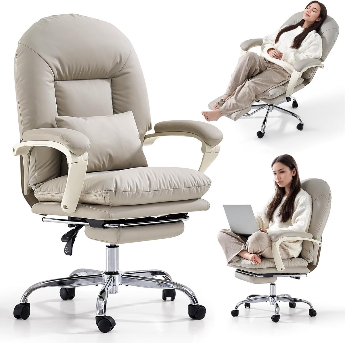 Bureaustoelen voor thuis, ergonomische bureaustoel met voetsteun, comfortabele bureaustoel met wielen, Executive Mid-Back Criss Cross stoel voor thuiswerk PU-leer, beige