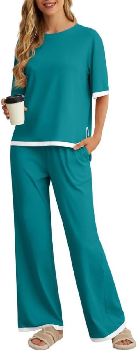 Pyjama voor dames, korte mouwen, pyjama-bovenstuk, lange pyjamabroek, tweedelig