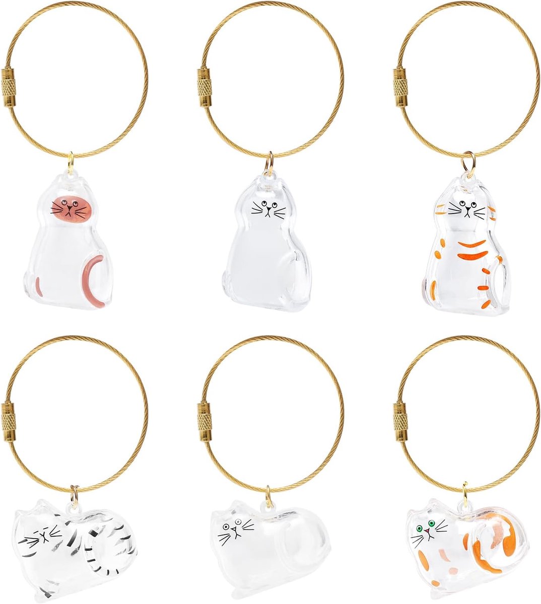 Set van 6 kattenhaarhangers, kattenhaar, sleutelhangers, kattenhanger, transparant, acryl, opbergdoos met Keepsake sleutelhanger