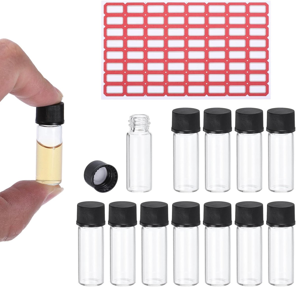 2 ml doorzichtige glazen flesjes, 12 stuks monsterflesjes met schroefdop reagens mediafles met etiketten lekvrije vloeibare monsterglazen flacon voor laboratoriumlaboratorium