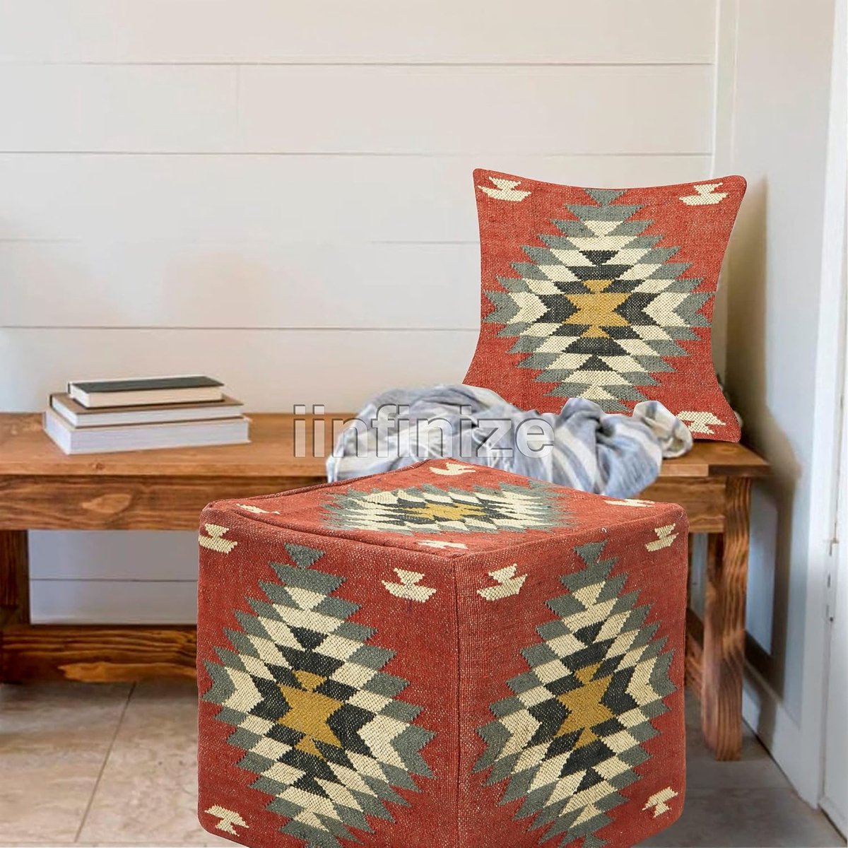 Ottoman pouf 18x18 inch - wol jute handgeweven - traditioneel kilim patroon - perfect als voetenbank - SnelShoppen