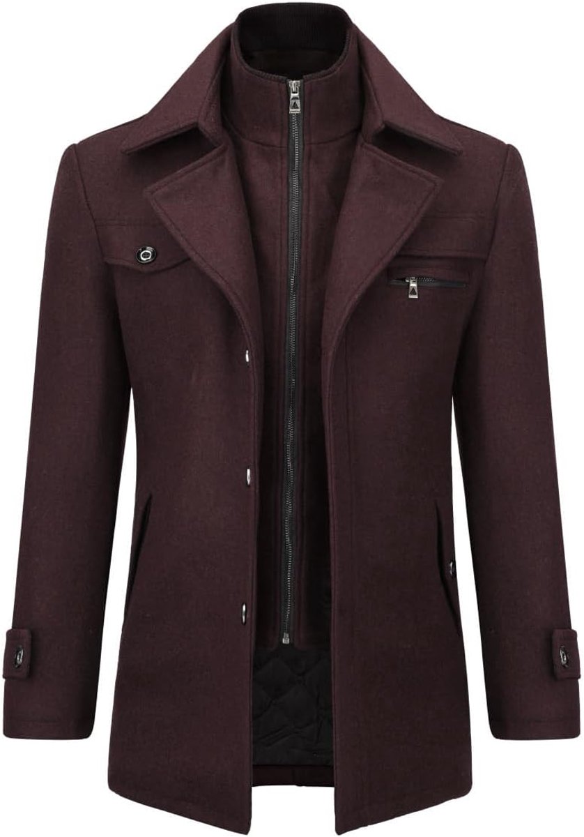 Heren Winter Gewatteerde Jas Wollen Trench Overjas Mid Lengte Jas Casual Slim Fit Jas Jas