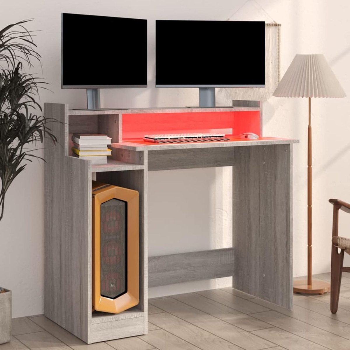 Bureau met leds, werktafel, schooltafel, computertafel, kantoortafel, bijzettafel, consoletafel, kantoortafel, eettafel, kantoormeubel, grijs, Sonoma 97 x 45 x 90 cm, houtmateriaal