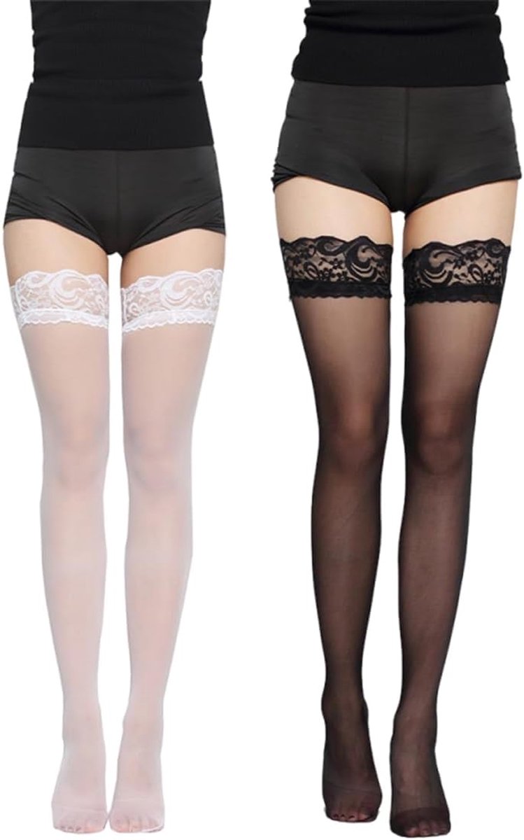 Kousen voor dames, 2 paar, met kant, hoge dijen, zijden kousen, 20 denier, sensuele kousen, sexy kanten bovenstuk, elastische overknee-kousen, wit, zwart