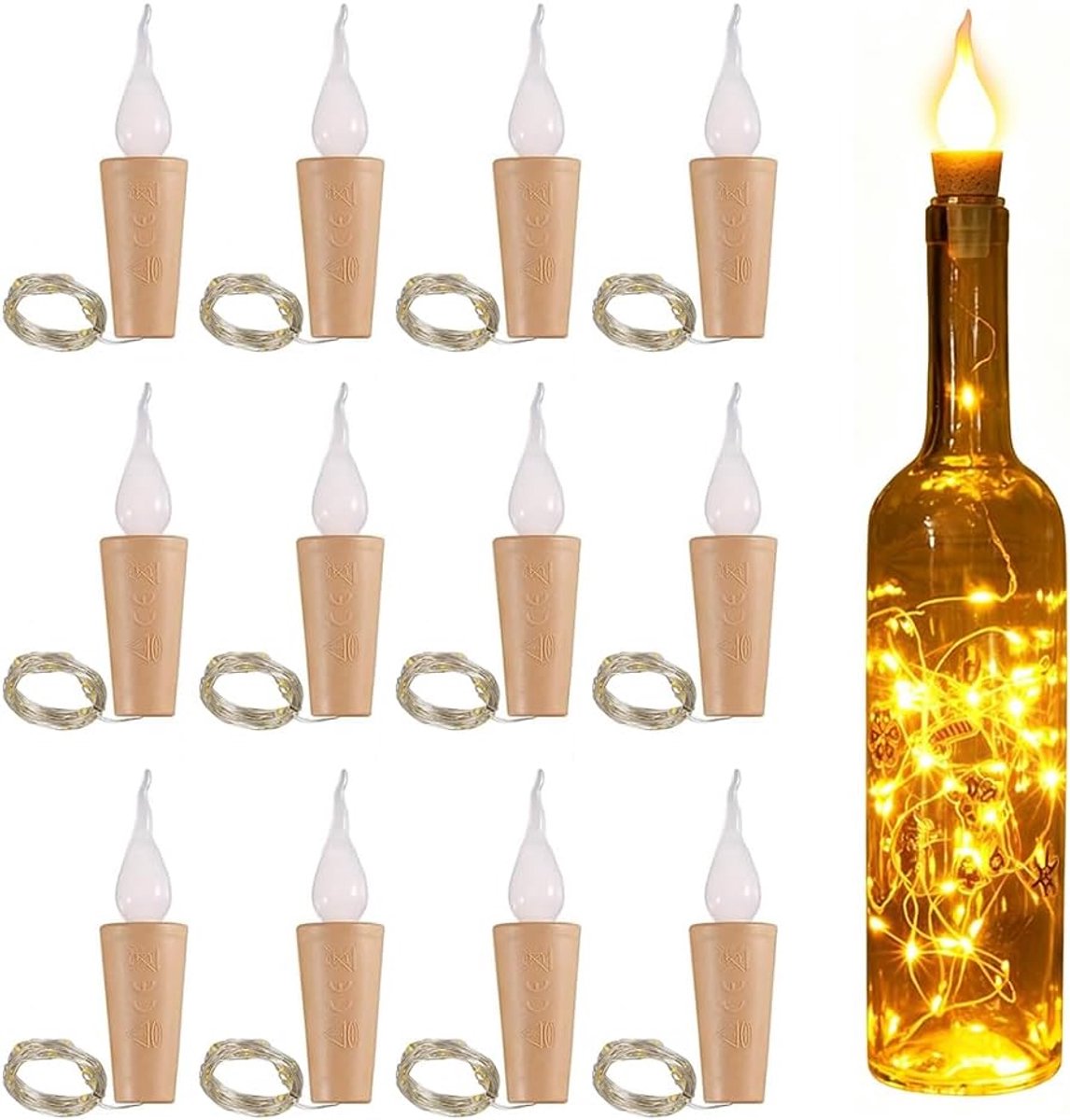 12 stuks flessenlichtketting kurk met vlamvorm, 20 m leds | Lichtsnoer voor flessen, lichtketting met flessenkurk met batterij, led-flessenlicht voor feest, bruiloft, kerstdecoratie