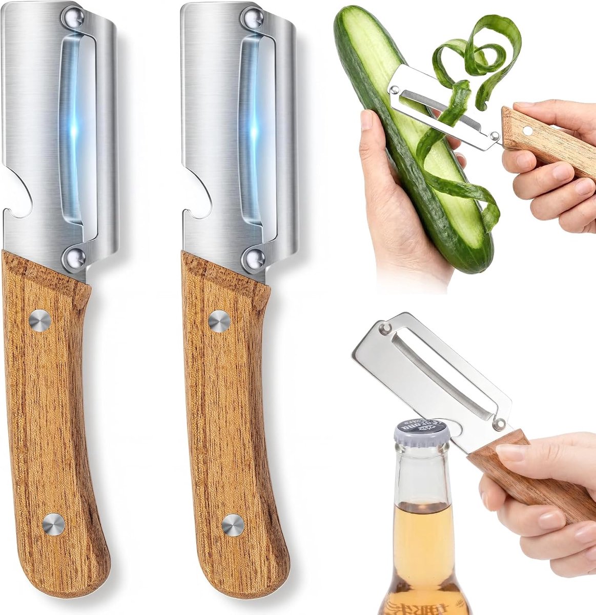 2 stuks multifunctionele dunschiller voor keuken, 2-in-1 groenteschiller met flesopener, roestvrijstalen mes en ergonomisch houten handvat, moeiteloos aardappelen, wortelen, pompoenen schillen (2