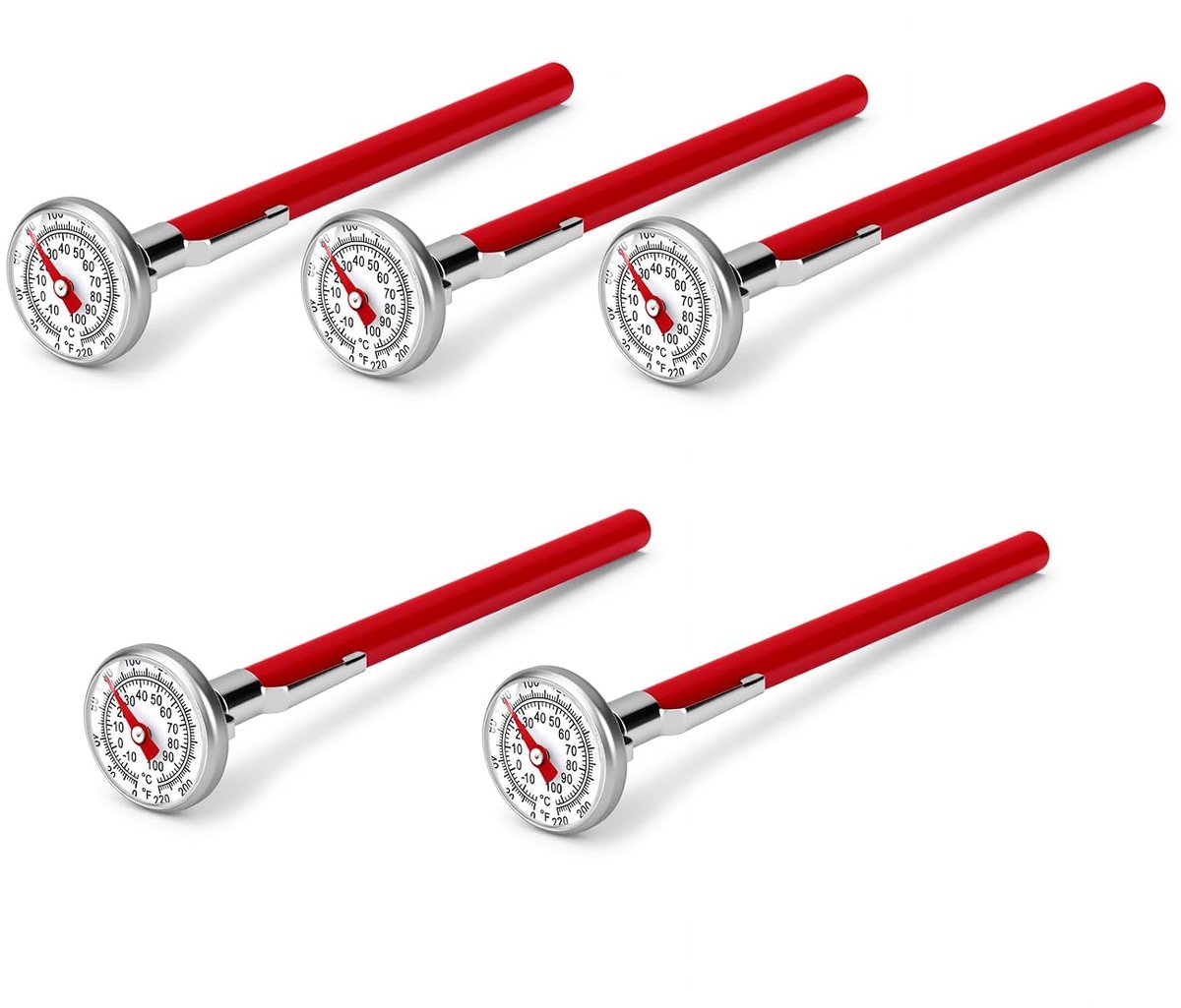 5PCS Wijzerplaat-sondethermometer, -10℃ tot 100℃ roestvrijstalen vloeistofthermometer met rode beschermhuls, draagbare temperatuurmeter voor water en vloeistoffen