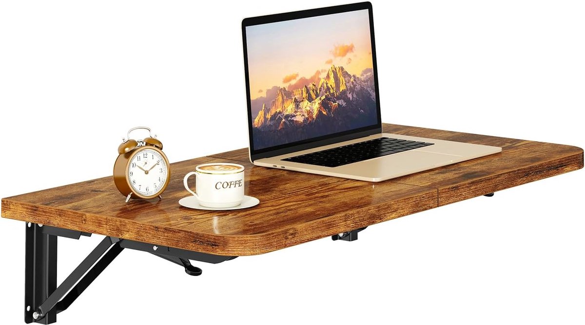 Wandklaptafel, wandtafel inklapbaar, klein, ruimtebesparend en veelzijdig inzetbaar, klaptafel als eettafel, bureau, keukentafel of werkplek, bruin TVT005H