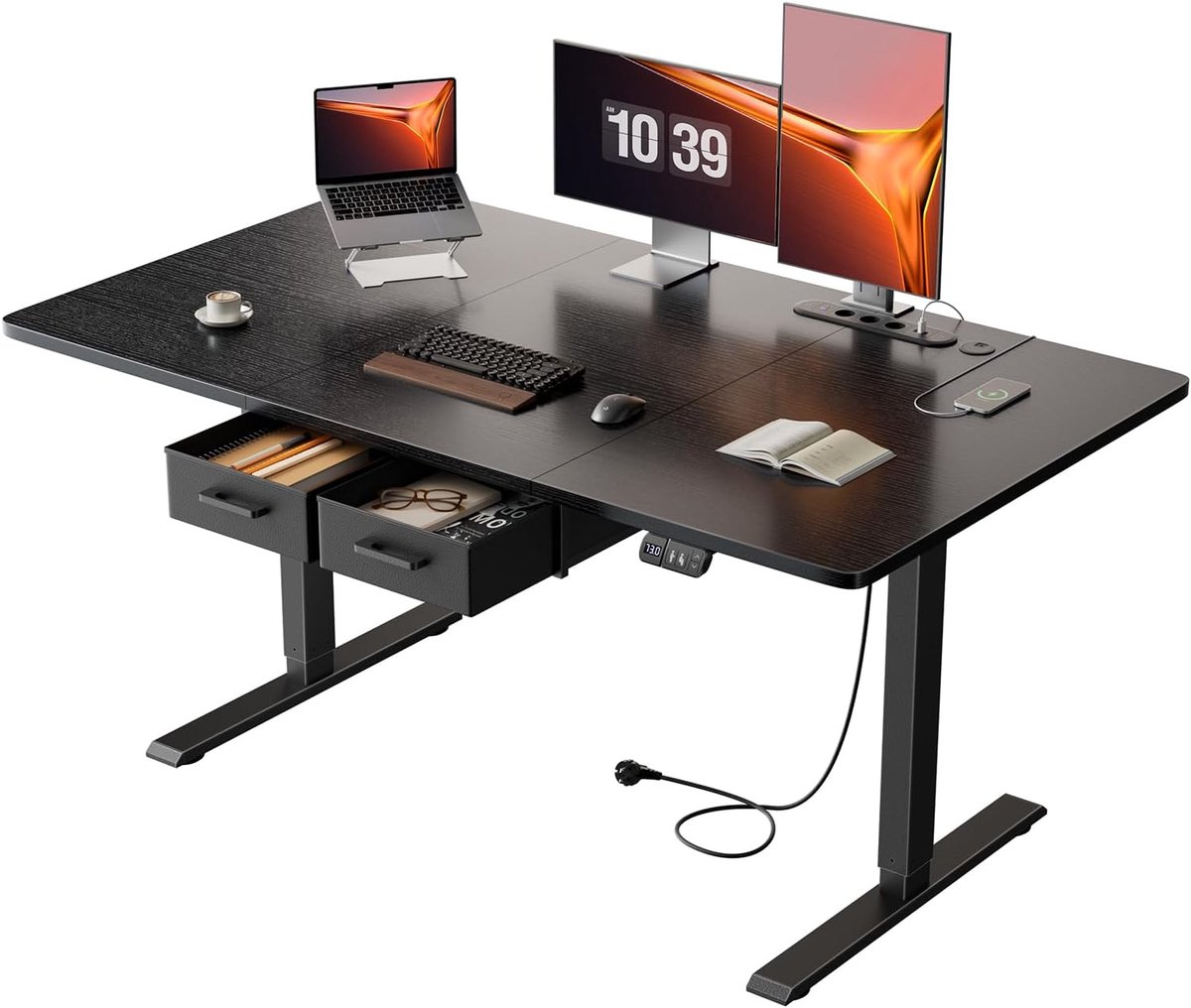 Elektrisch Bureau 140 x 80 cm, Standing Desk met Geïntegreerd Stopcontact en USB-C poort, Zit Sta Bureau Elektrische met 2 Afneembare Laden, 2 Geheugenfunctie, Zwart