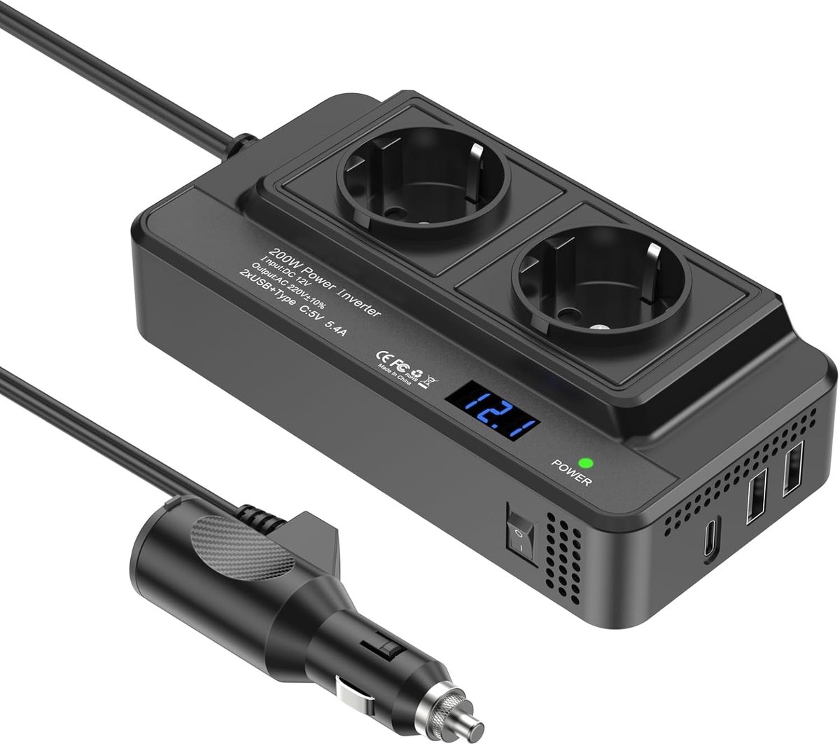 200 W Auto Spanningsomvormer - DC 12 V naar AC 230 V - 2 Stopcontacten en 3 USB Poorten - Ideaal voor onderweg - ShopVlot