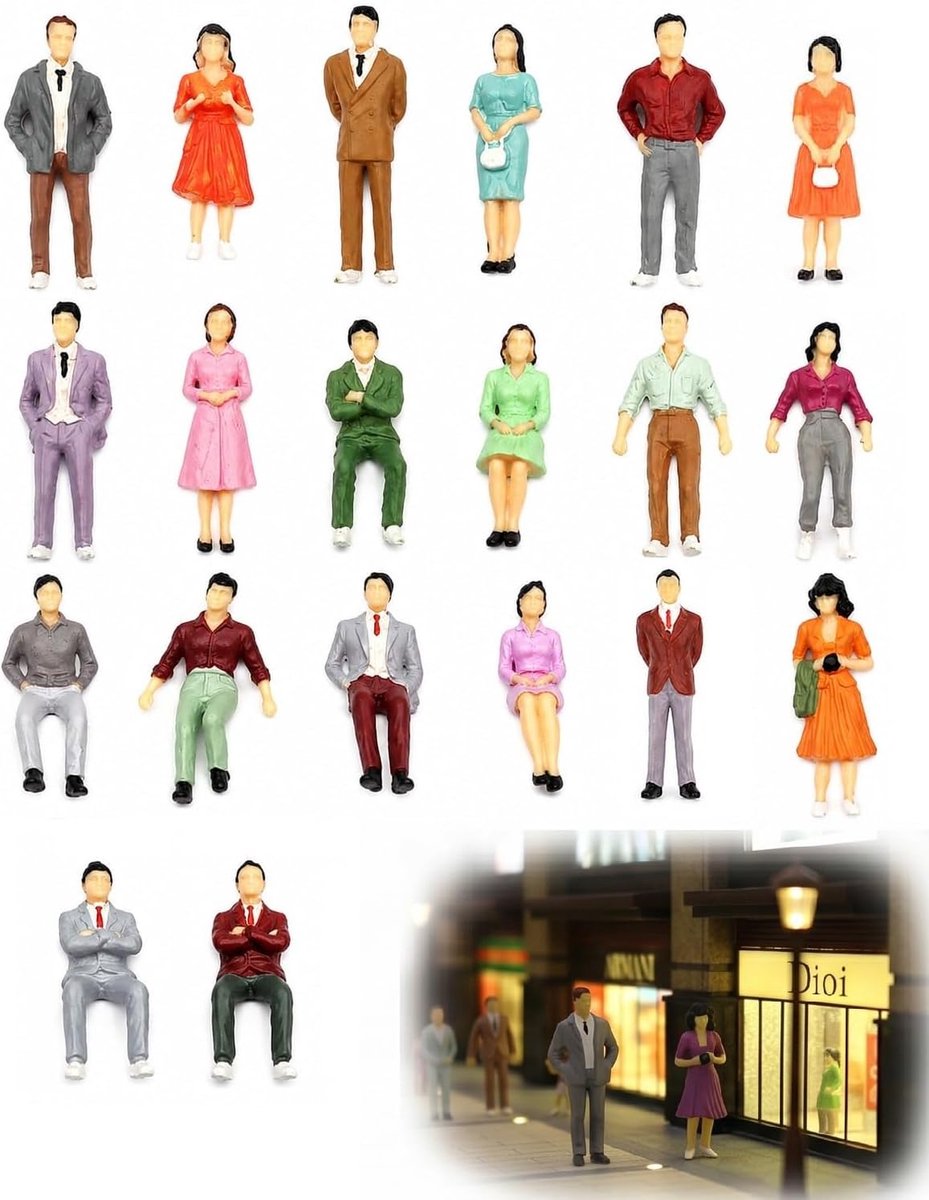 Miniatuurfiguren 1:50 - 20 kleurrijke personen - Gedetailleerd en diverse poses - Perfect voor modelsporen - ShopVlot