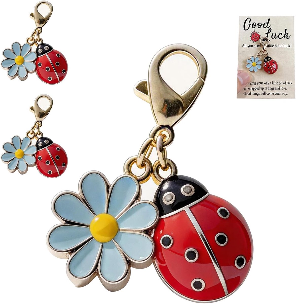 Hangers lieveheersbeestje met madeliefje - set van 3 - met wenskaart - geluksbrenger voor examens en feestjes - SnelShoppen