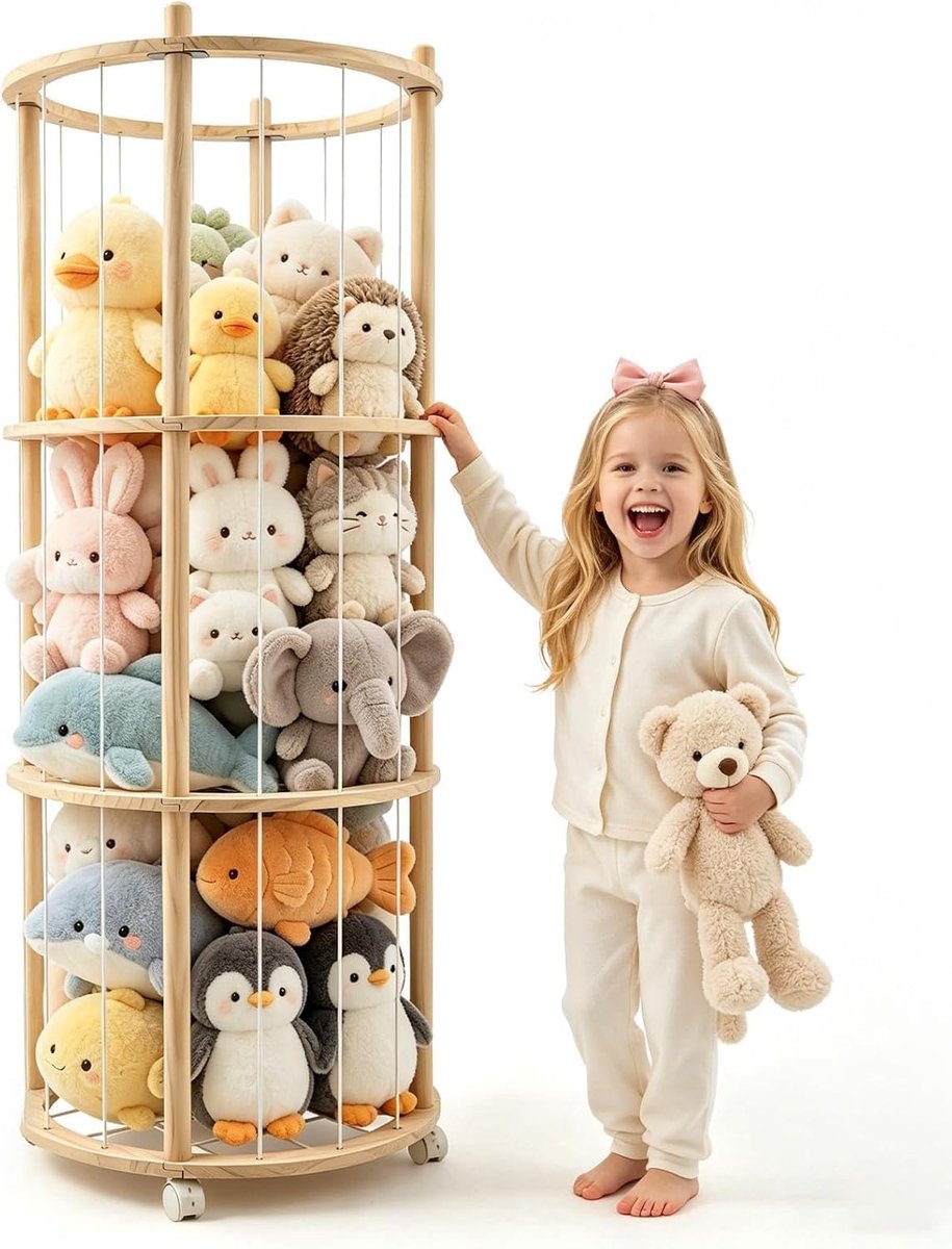 Opbergbox voor knuffels - ronde houten speelgoedopberger - 360° wielen met rem - ruimtebesparend voor speelkamer - SnelShoppen