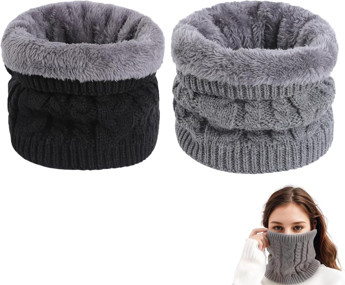 nekwarmers winter set - 2 stuks zwart + lichtgrijs - gebreid - ademend en comfortabel voor buitengebruik - SnelShoppen