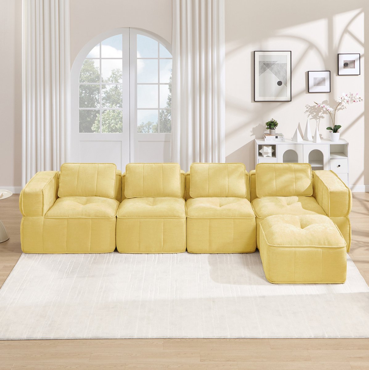 STILVORA Hoekbank 344 x 162 cm - 4-Zits Modulair Frameloos Met Hocker En Diepe Zitting - Voor Woonkamer - Polyester - Geel