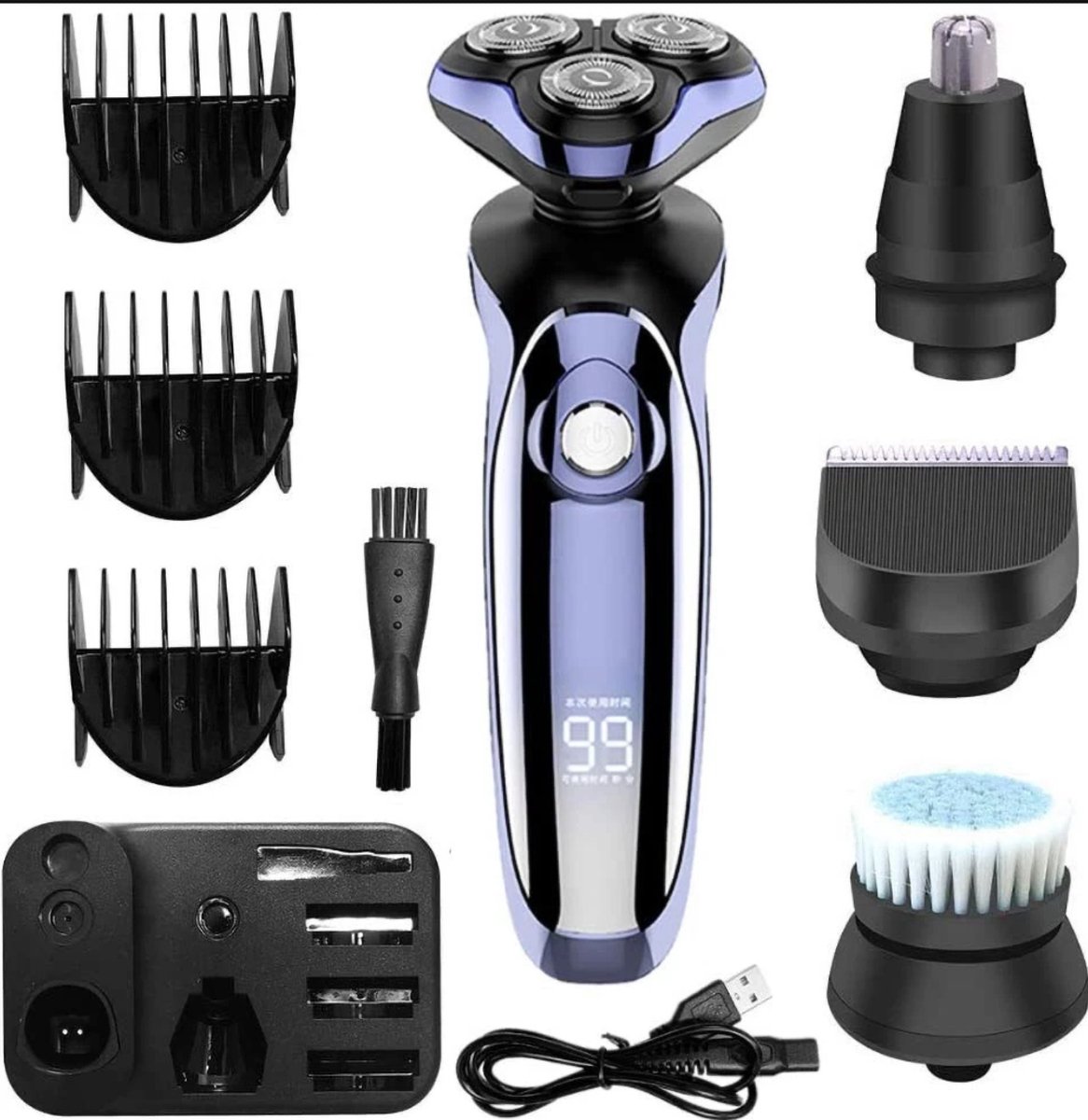 Elektrisch scheerapparaat voor mannen - 5-in-1 - Geschikt voor nat en droog gebruik - met lcd-display - USB-oplaadbaar - Precisietrimmer - Multifunctioneel scheerapparaat - Felblauw