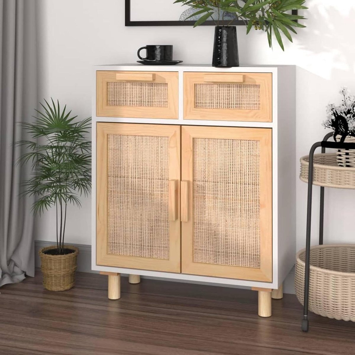 Dressoirkast Hout Rotan - Opbergkast Lade Kast - Woonkamer Organiseren - Natuurlijk Rotan Deur - 60x30x75 cm - Wit
