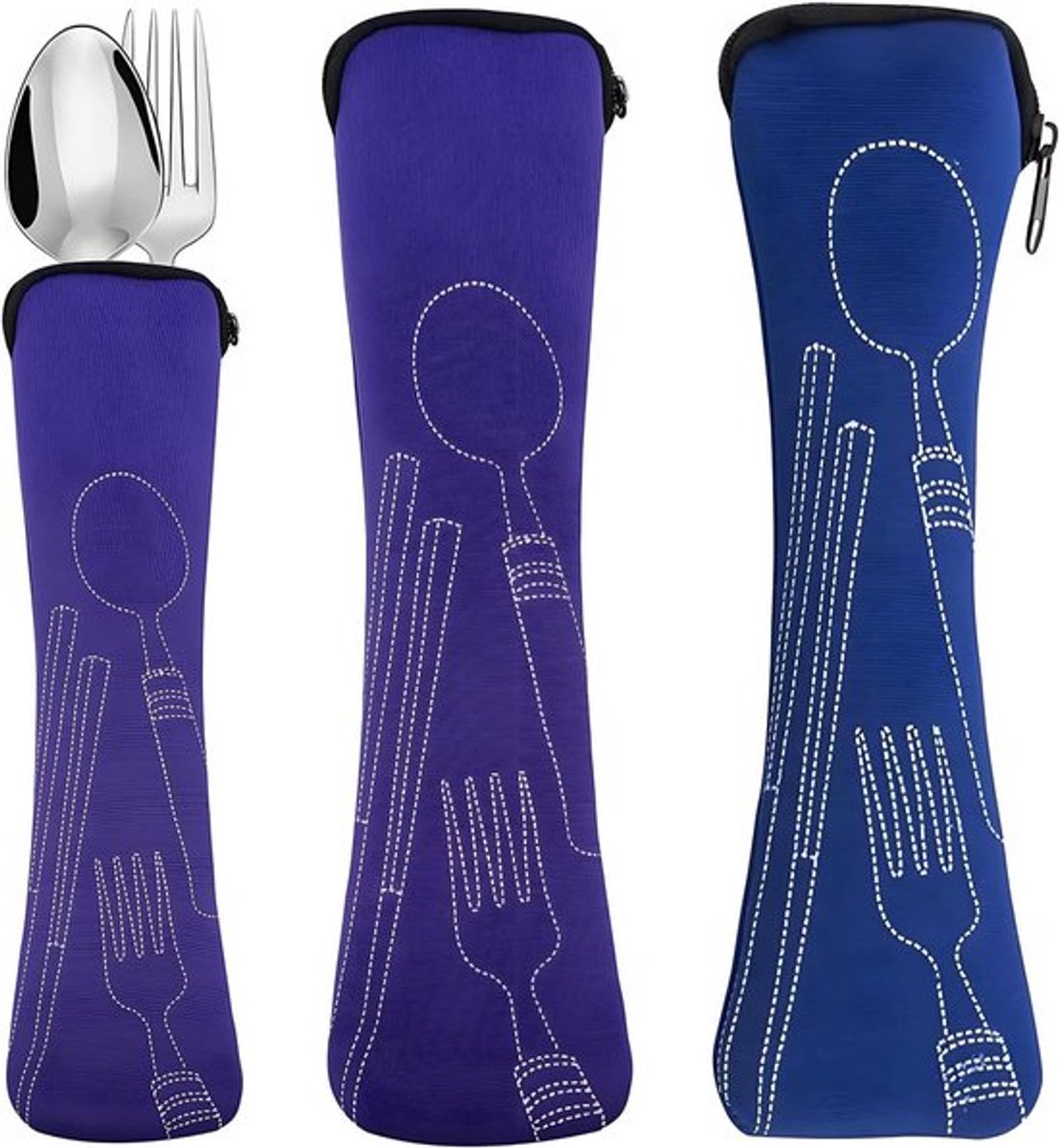Lege bestekhoesjes voor onderweg - 2 stuks - draagbare bestekkoffer - paars/blauw - ideaal voor school en picknick