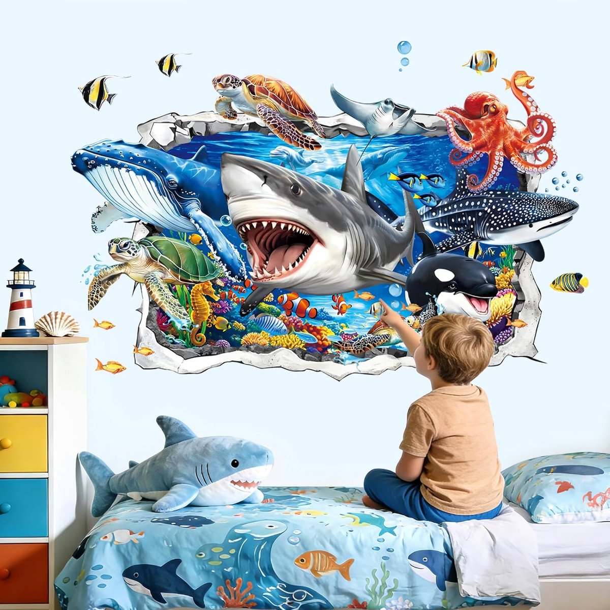 Decalmile 3D Oceaan Haai Schildpad Walvis Doorbreken Muurstickers Stickers