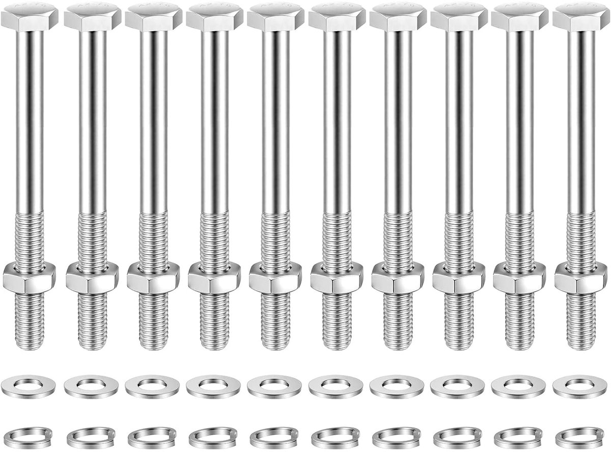Zeskantbouten M10*100MM, 10 stuks DIN931 Inbusbouten, zeskantbouten met moeren, platte ringen en borgringen, gedeeltelijk van schroefdraad, roestvrij staal