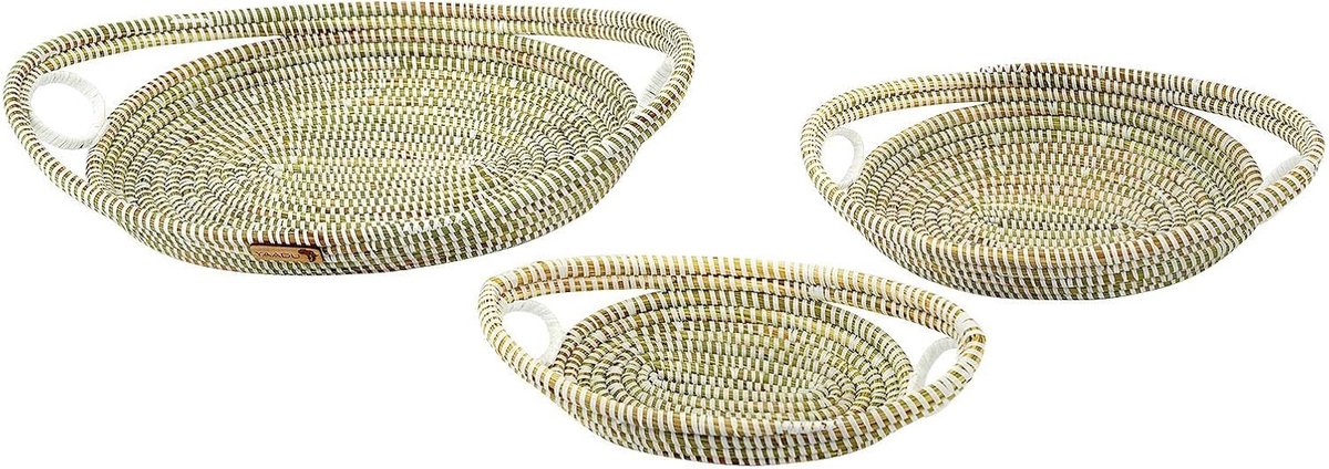 Schaal/fruitschaal in set van 3 – 48 cm, 38 cm en 30 cm grote schalen van savannengras in Afrika gemaakt (wit)
