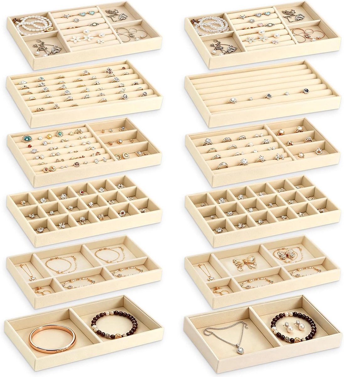 12 stuks fluwelen sieradenorganizer, groot formaat dienblad met scheidingswanden | Beige groot formaat met scheidingswanden, geschikt voor ringen, oorbellen, halskettingen en armbanden, praktische lade-inzet