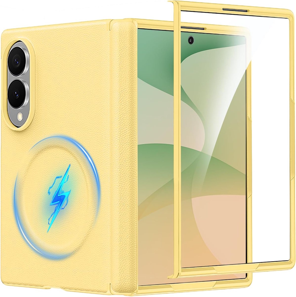 Leren hoes voor Samsung Galaxy Z Fold 8, hoes met Mag-Safe dun, HD-displaybescherming, magnetische scharnierbescherming, krasbestendig, schokbestendig, 360 graden beschermhoes, geel