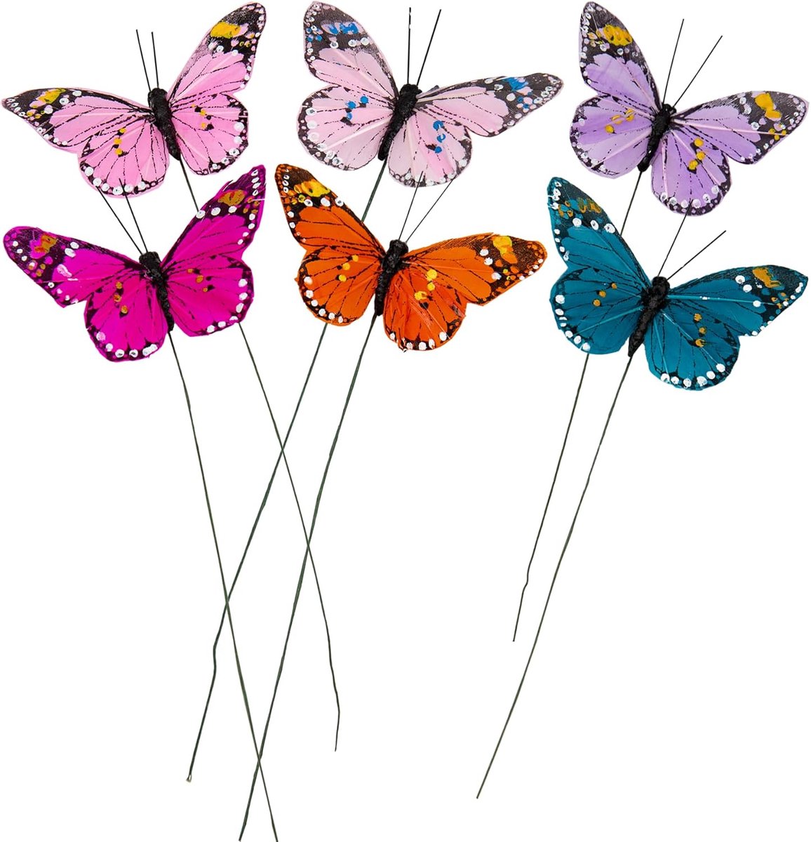 vlinder decor, veer vlinder decoraties set van 12 met draad, 8,3 cm, 6 kleuren.