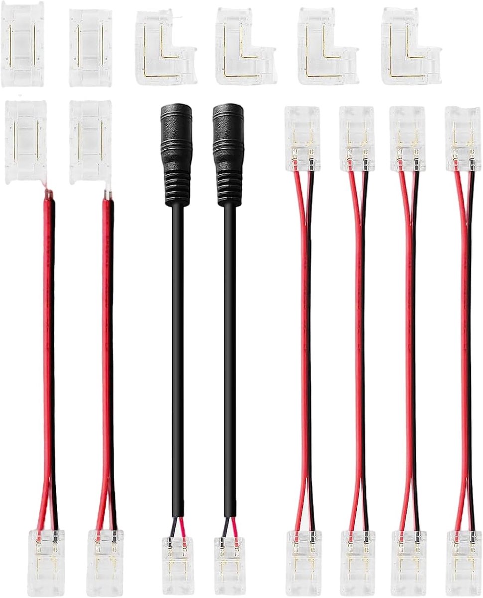 COB LED Strip Soldeerless Connector Kit 32 Stuks - 10 Gapless, 6 Met Draad, 2 DC, 4 L-vormige, 10 Zelfklevende Bevestigingsclips Voor 8mm COB