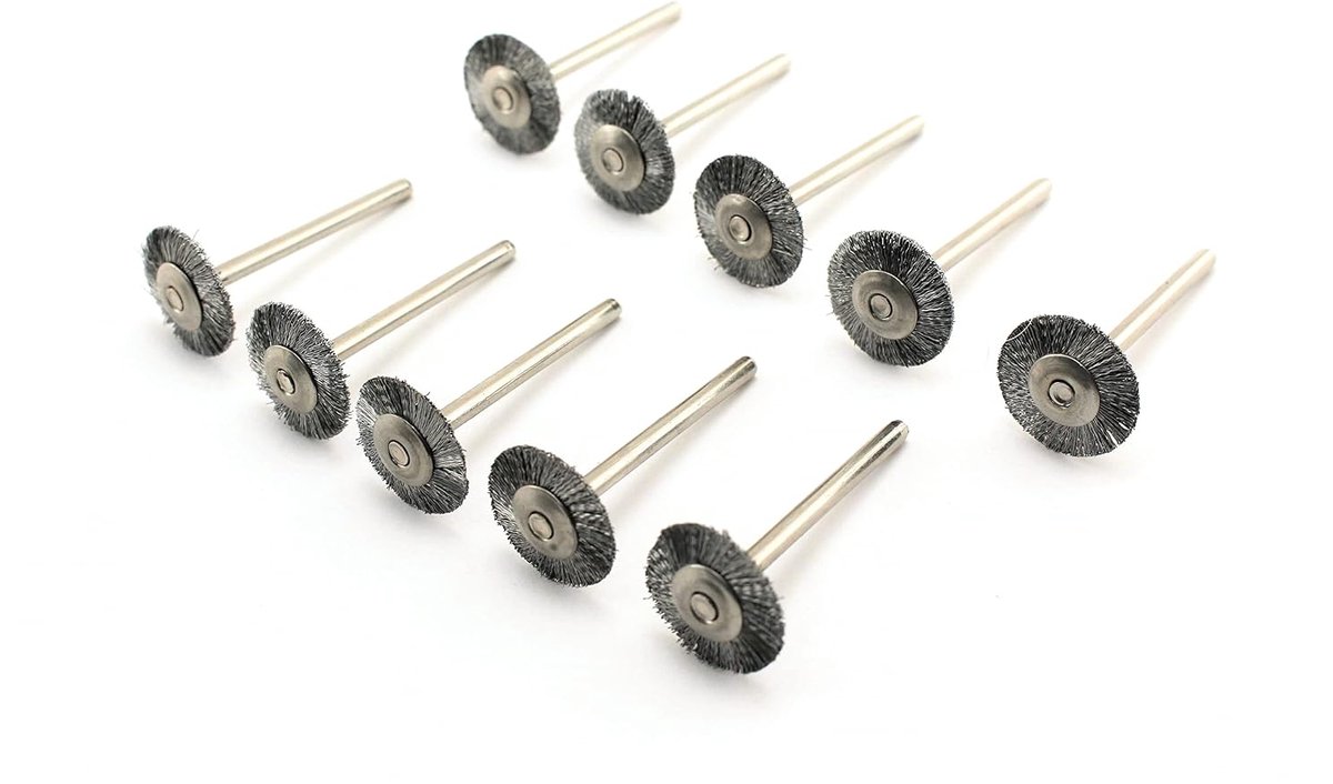 10 stuks platte draadborstel met koolstofstaal haren, 19,05 mm (3/4"), steel 3,17 mm (1/8"). Compatible with Dremel en andere rotatiegereedschappen