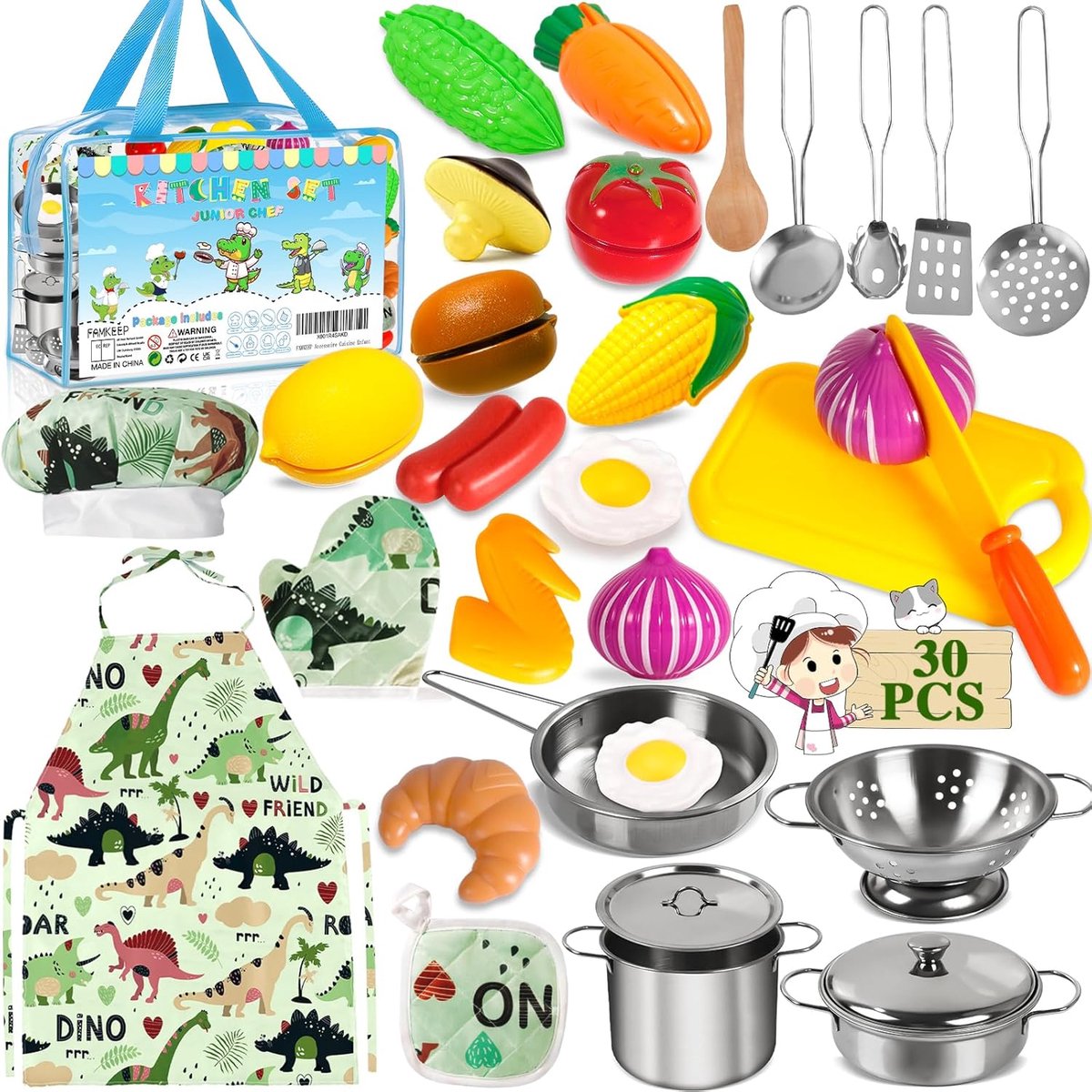 30-delige kinderkeukenaccessoire met roestvrijstalen potten en pannen, chef-rollenspel met, kinderkeuken met keukenschort, voor jongens meisjes Montessori-cadeau