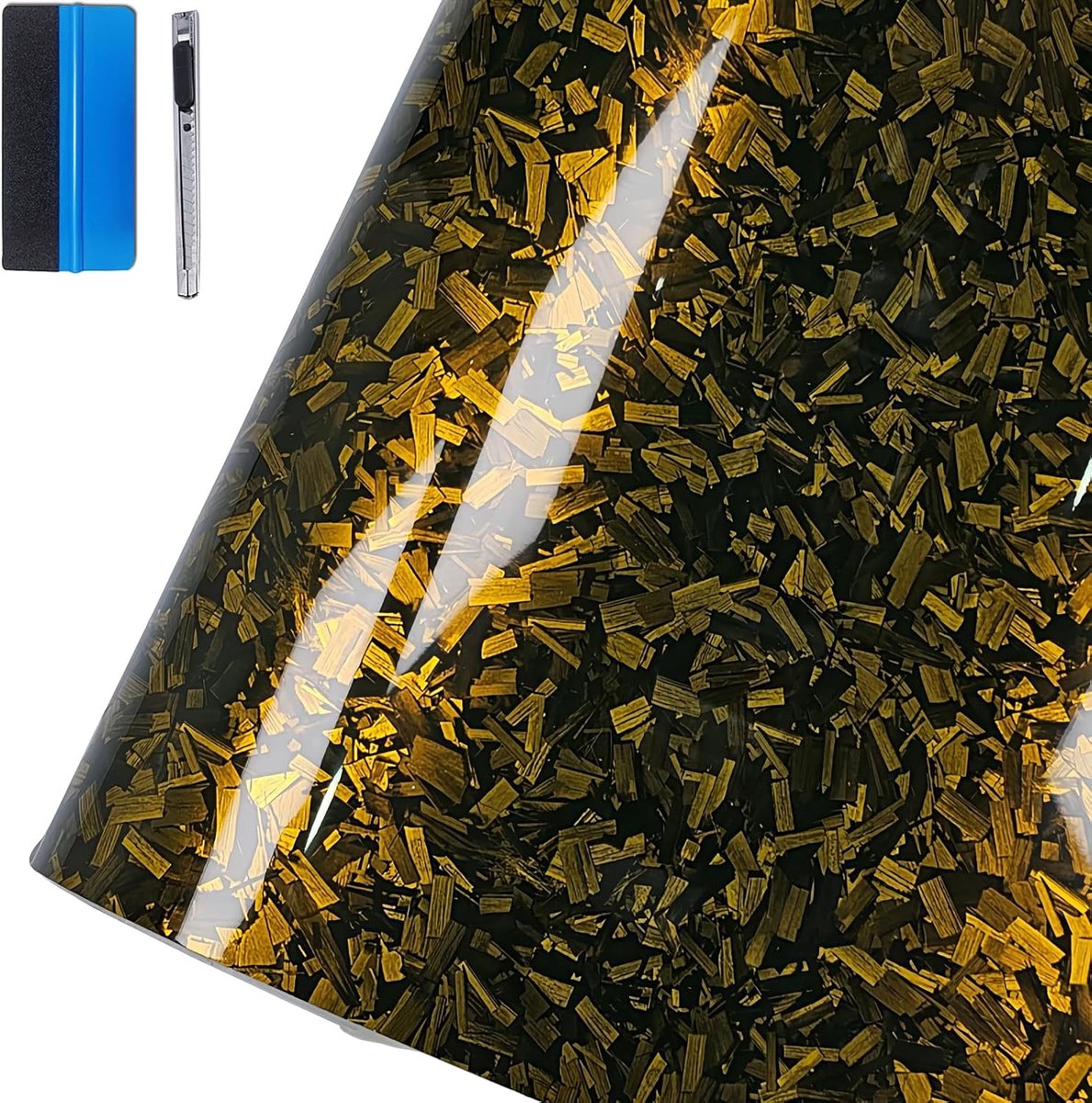Vinylfolie, zelfklevend, imitatie-koolstofvezel, bubbelvrij aanbrengen, bestickeren, wrapfolie, doe-het-zelf wrappen van auto, motorfiets, 30 x 150 cm, kleur: goud
